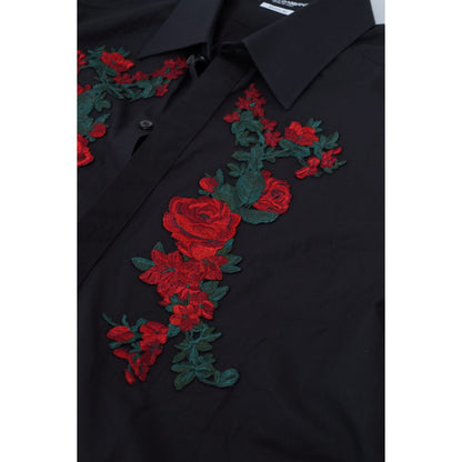 Dolce & Gabbana Black Floral Embroidery Men Long Sleeves GOLD Shirt