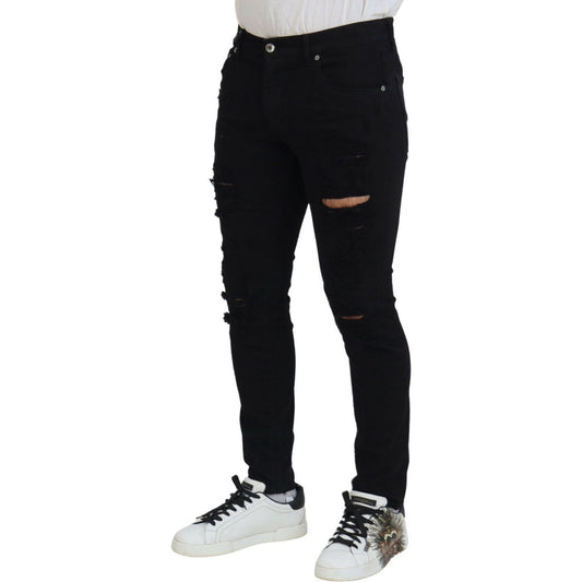 Dolce & Gabbana Black Slim Fit Tattered Denim Cotton Jeans