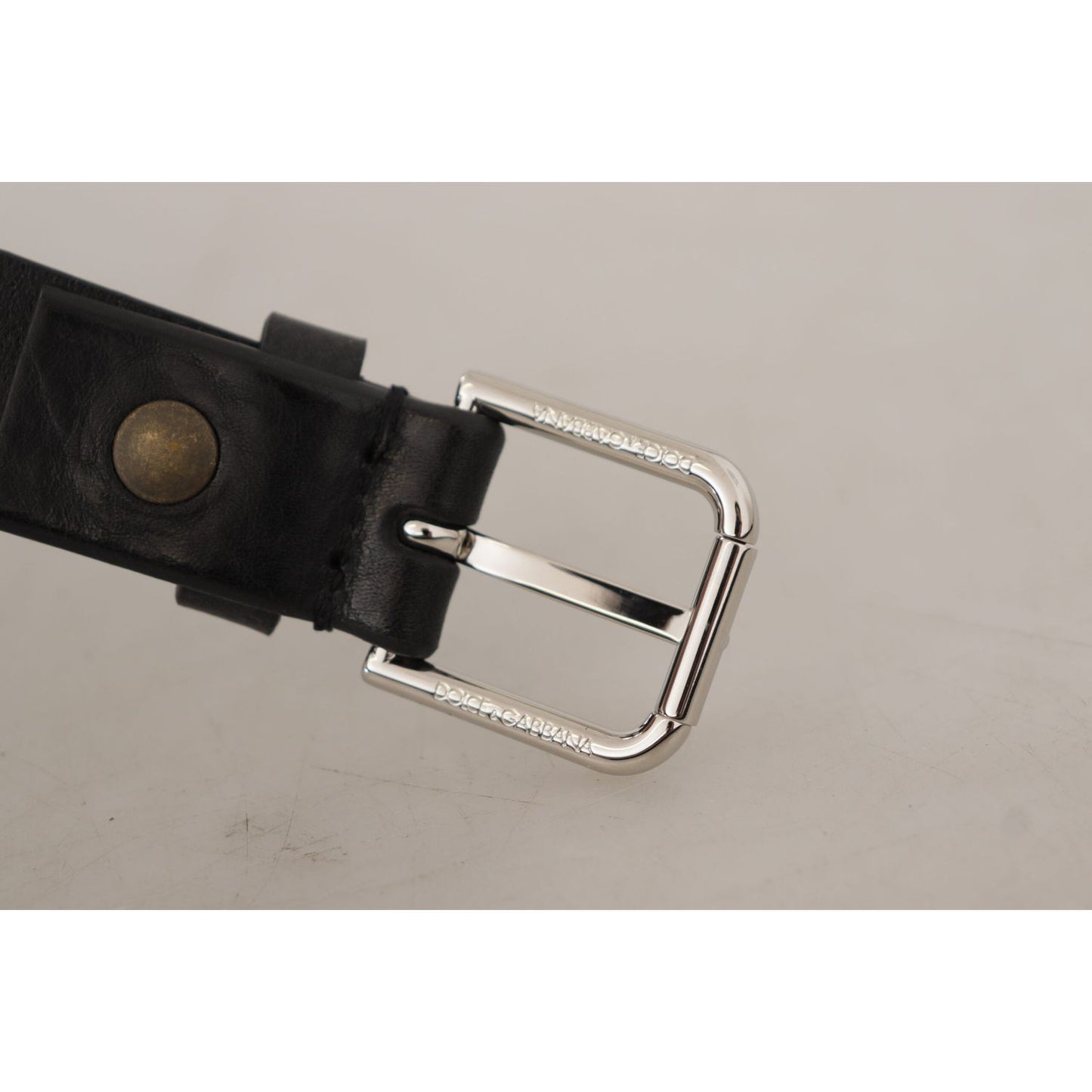 Dolce & Gabbana Black Calf Leather Silver Tone Logo Metal Buckle Belt BEL8567-80