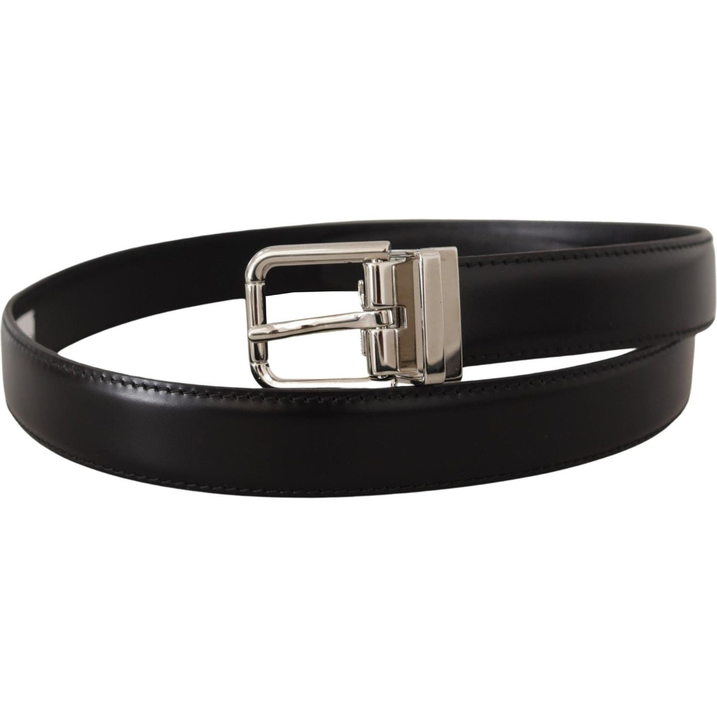Dolce & Gabbana Black Calf Leather Logo Engraved Metal Buckle Belt BEL8574- 75