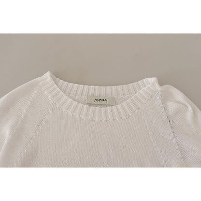 Alpha Studio White Long Sleeves Crewneck Pullover Sweater