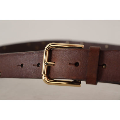 Dolce & Gabbana Brown Leather Studded Gold Tone Metal Buckle Belt