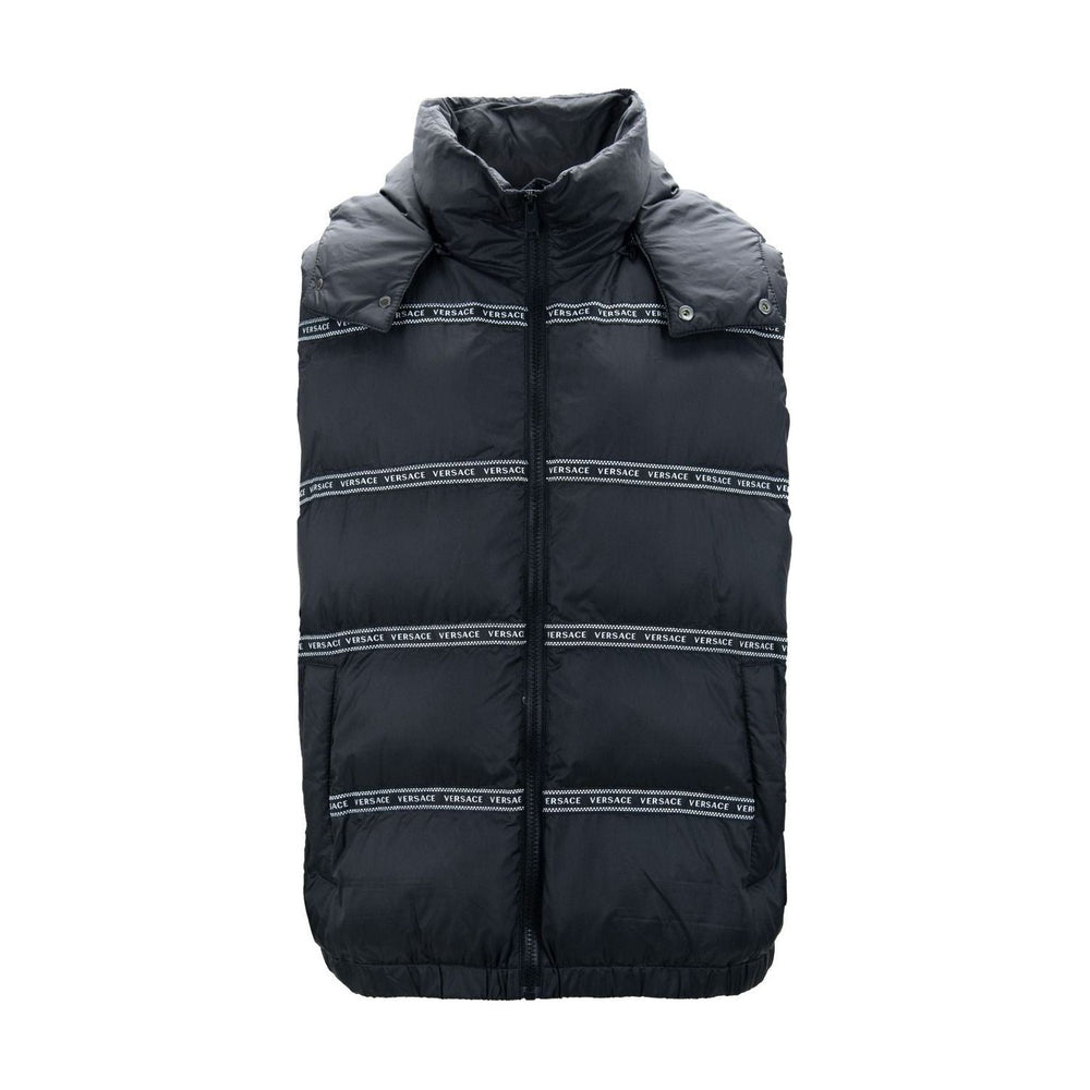 Versace Elegant Black Logo Band Vest with Detachable Hood