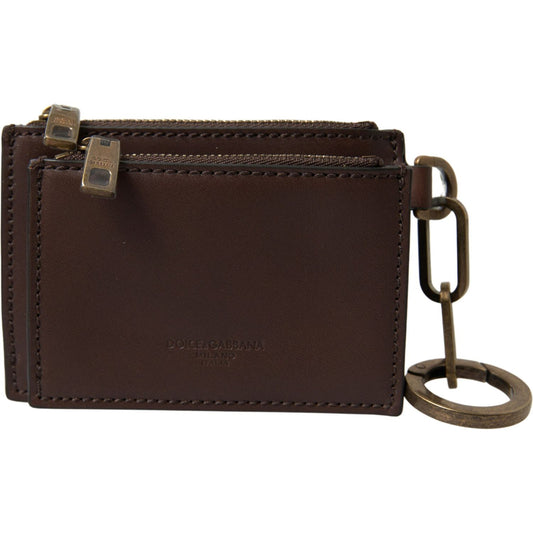 Dolce & Gabbana Brown Leather Zip Logo Keyring Coin Purse Wallet BAG1096