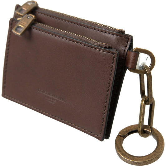 Dolce & Gabbana Brown Leather Zip Logo Keyring Coin Purse Wallet BAG1096