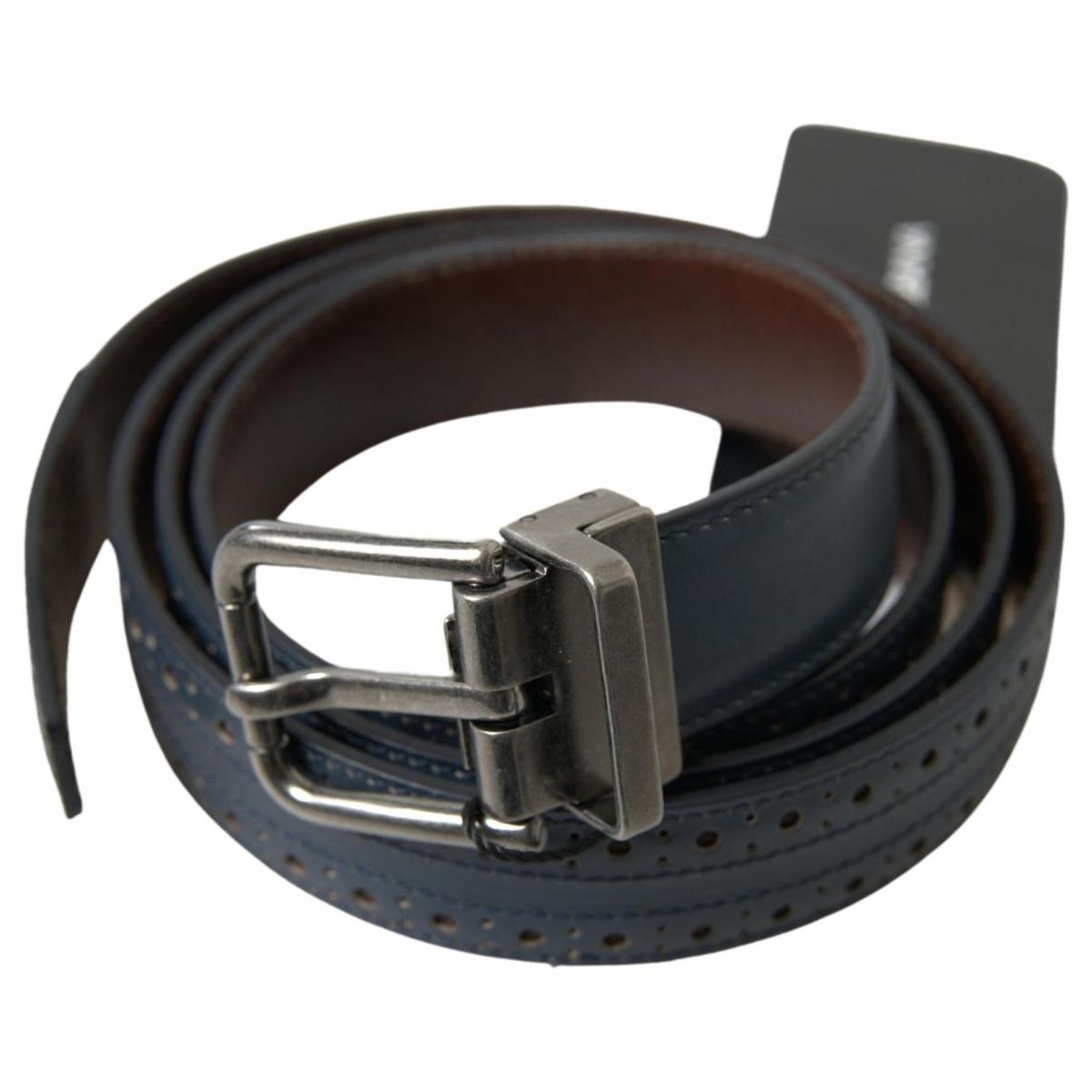 Dolce & Gabbana Blue Leather Perforated Metal Buckle Belt