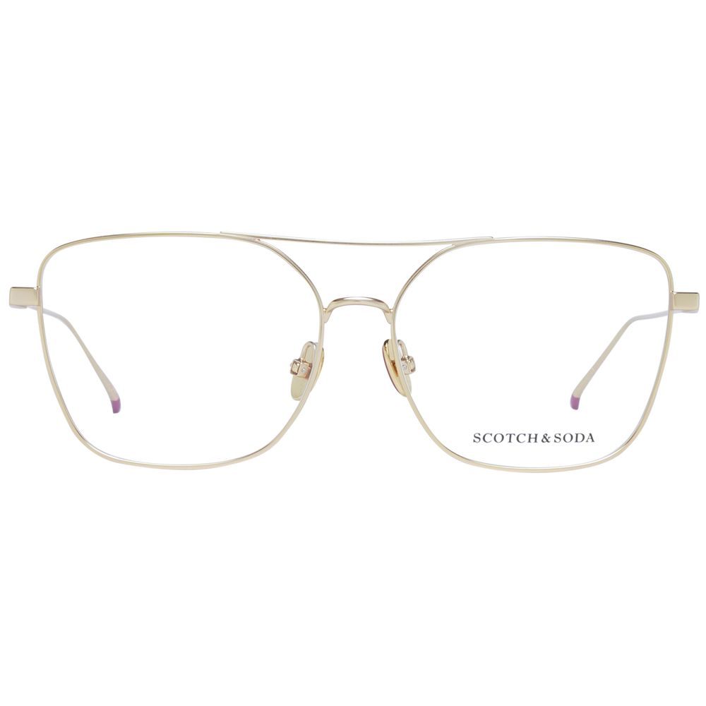 Scotch & Soda Gold Women Glasses Frame, square full-rim metal frame, size 55-14-145, gold color, demo lenses, stylish eyewear for women.