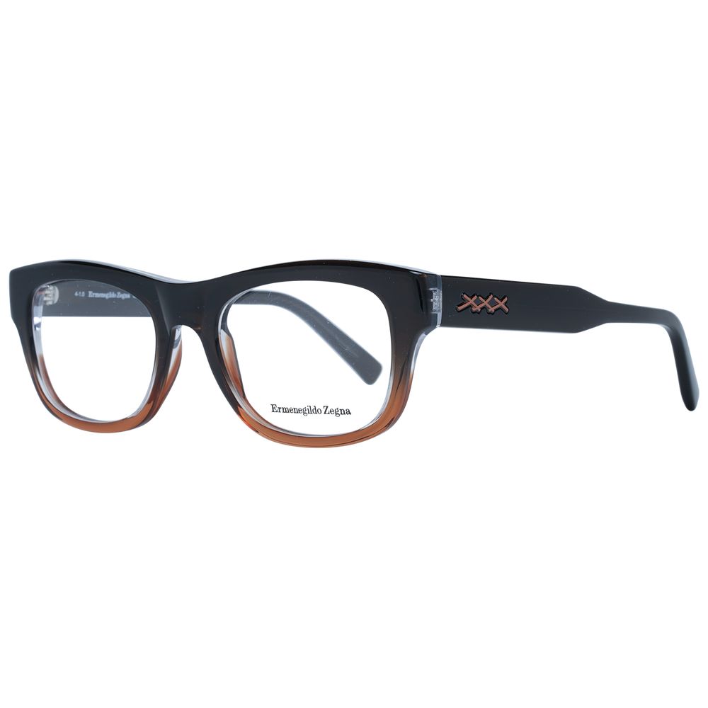 Ermenegildo Zegna Brown Men Glasses Frame, full-rim rectangular style with brown plastic frame, 53mm lenses width, includes branded case.
