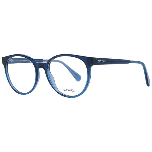 Max & Co Blue Women Glasses Frame - full-rim round style, plastic material, demo lenses, size 53-17-145, includes branded case.