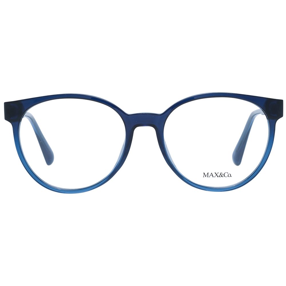 Max & Co Blue Women Glasses Frame, full-rim, round style, blue plastic frame, 53-17-145 size, includes branded case.