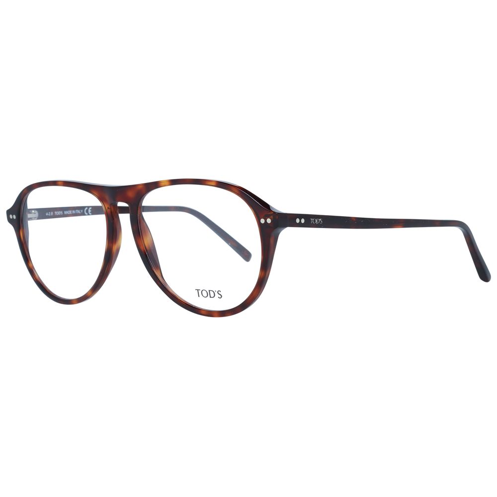Tod's Brown Men Glasses Frame, full-rim aviator style with plastic frame, lens width 57mm, includes branded case.