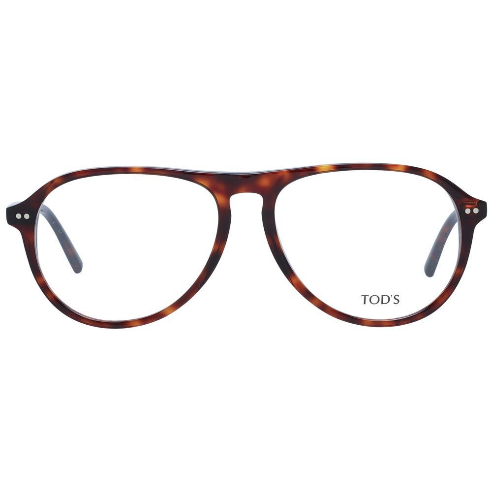 Tod's Brown Men Glasses Frame in full-rim aviator style, brown plastic with demo lenses. Frame width 145mm, temples length 150mm.