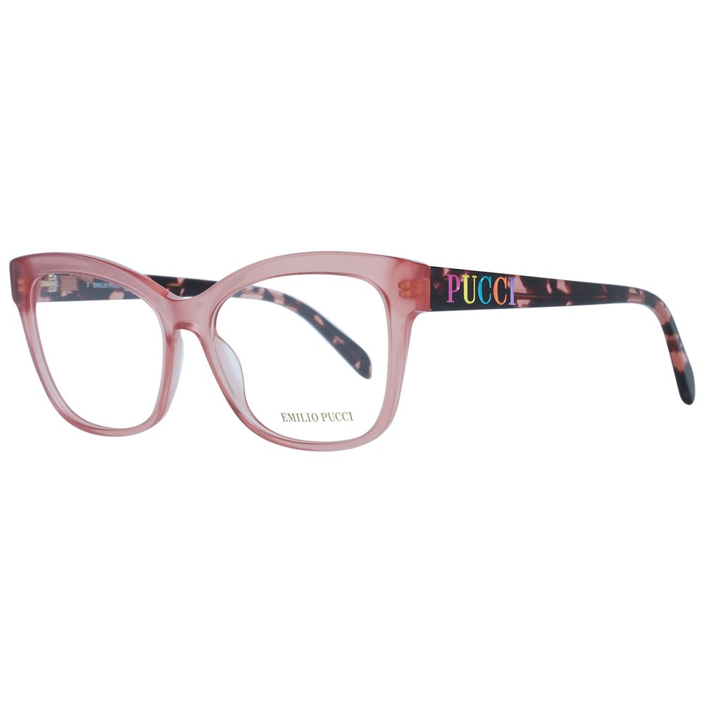 Emilio Pucci Pink Women Glasses Frame in rose plastic, square full-rim style with demo lenses, includes branded case, temples 140mm.