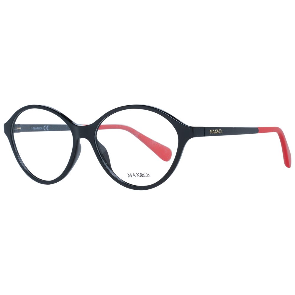 Max & Co Black Women Glasses Frame with black full-rim round design, plastic material, and branded case included.