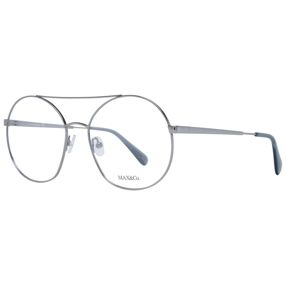 Max & Co Gray Women Glasses Frame in metal with full-rim round style, demo lenses, size 56-17-140, includes branded case.