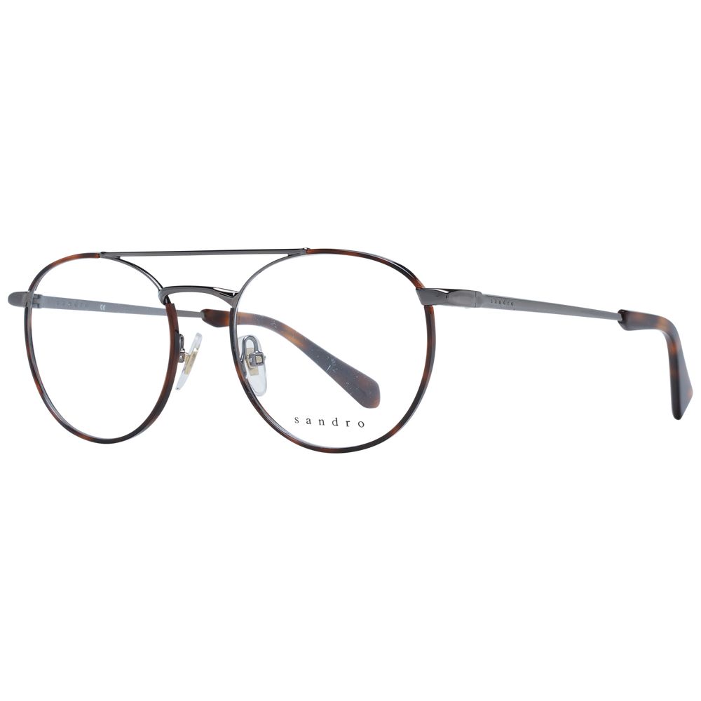 Sandro Gray Men Glasses Frame in gunmetal with round full-rim stainless steel design, demo lenses, size 54-18-145, branded case included.