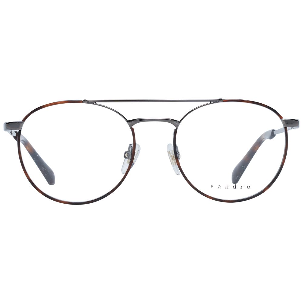 Sandro Gray Men Glasses Frame with gunmetal full-rim stainless steel design and round style, includes branded case, demo lenses.
