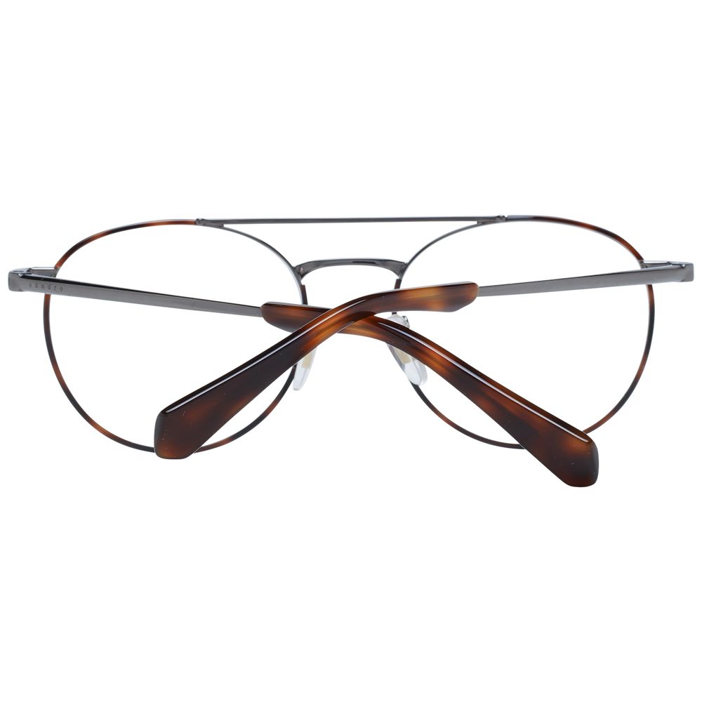 Sandro Gray Men Glasses Frame in gunmetal stainless steel, round full-rim style with demo lenses, size 54-18-145, includes branded case.