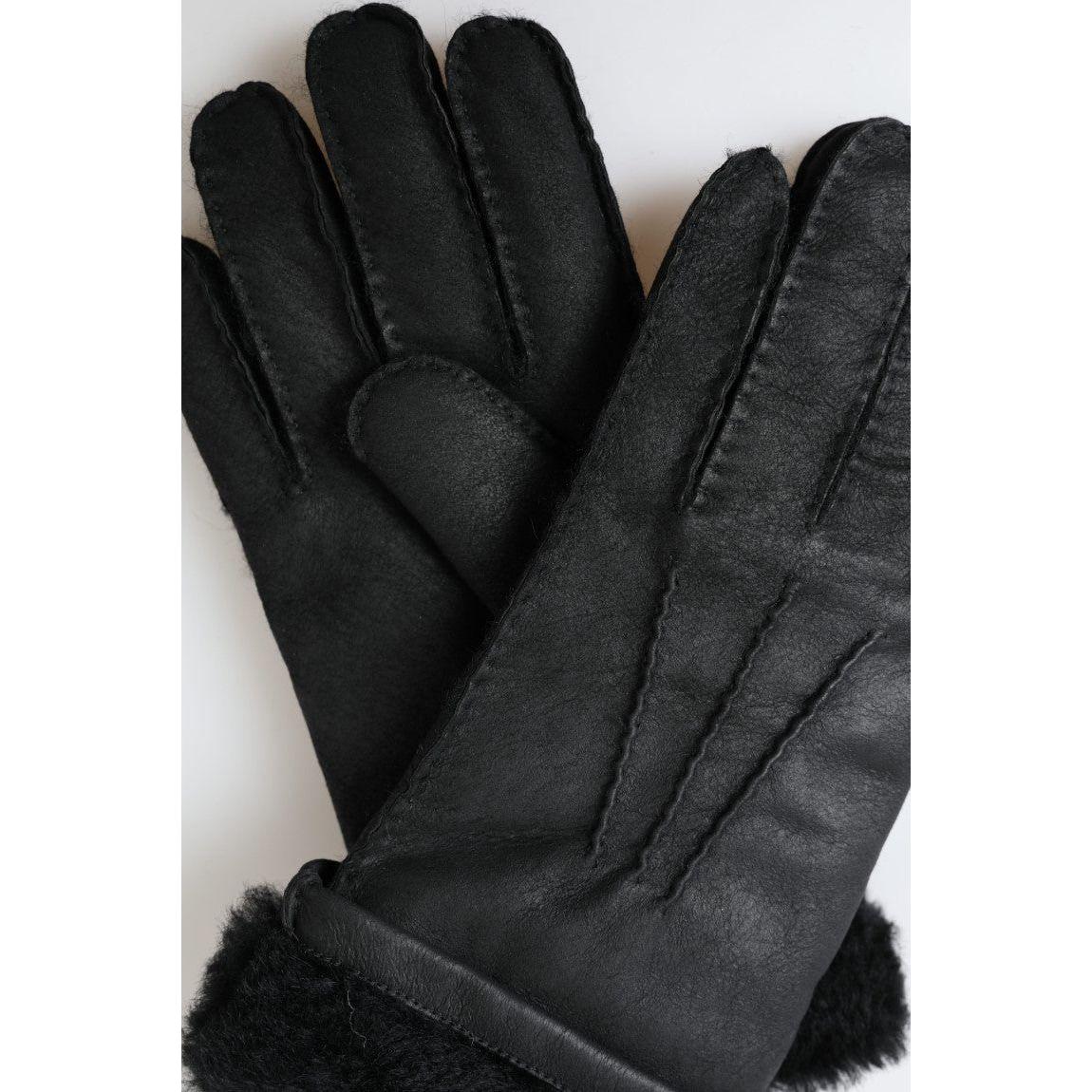 Dolce & Gabbana Black Leather Fur Short Hands Mitten Men Gloves LB30107