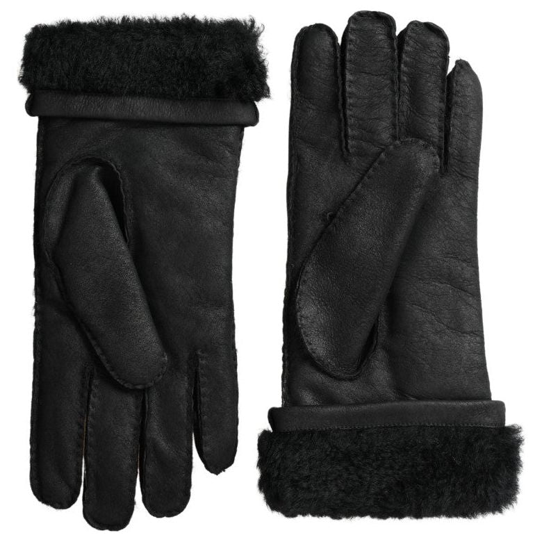 Dolce & Gabbana Black Leather Fur Short Hands Mitten Men Gloves LB30107