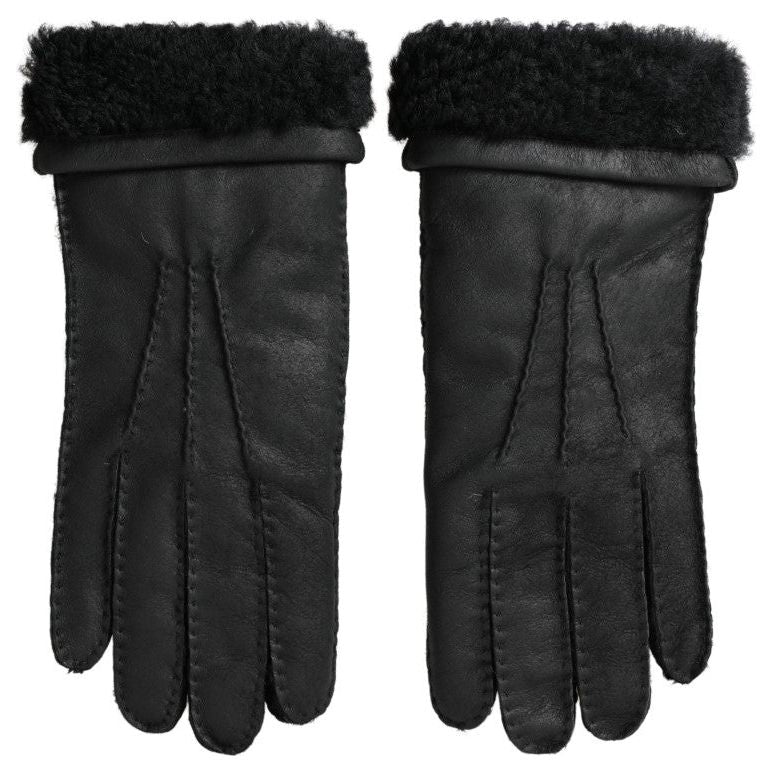 Dolce & Gabbana Black Leather Fur Short Hands Mitten Men Gloves LB30107