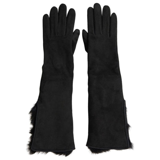 Dolce & Gabbana Black Leather Fur Elbow Length Gloves LB30106-7