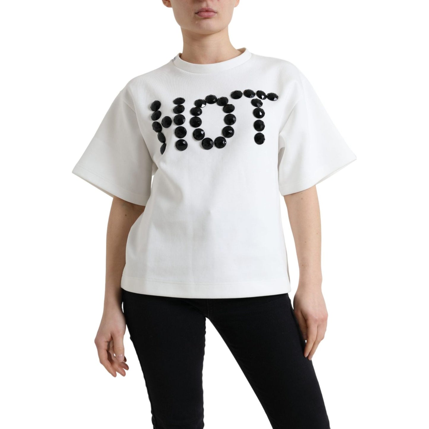 Dolce & Gabbana T-shirt White Cotton Stretch Black HOT Crystal
