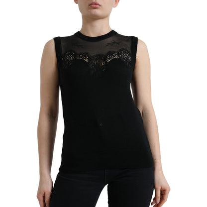 Dolce & Gabbana Black Cashmere Lace Trim Sleeveless Tank Top