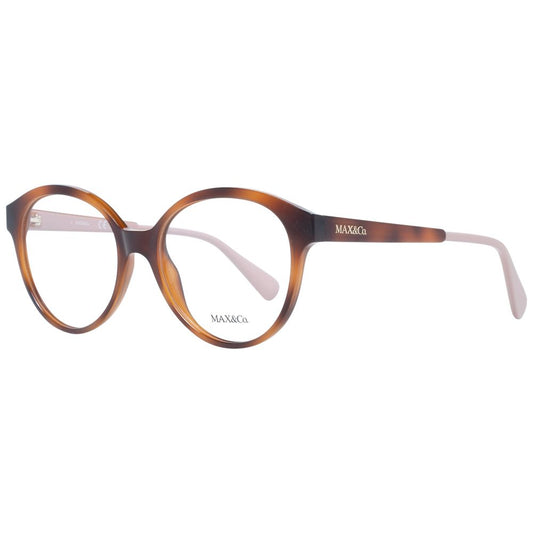 Max & Co Brown Women Glasses Frame, full-rim round style with brown plastic material, demo lenses, and 53-17-140 size, includes branded case.