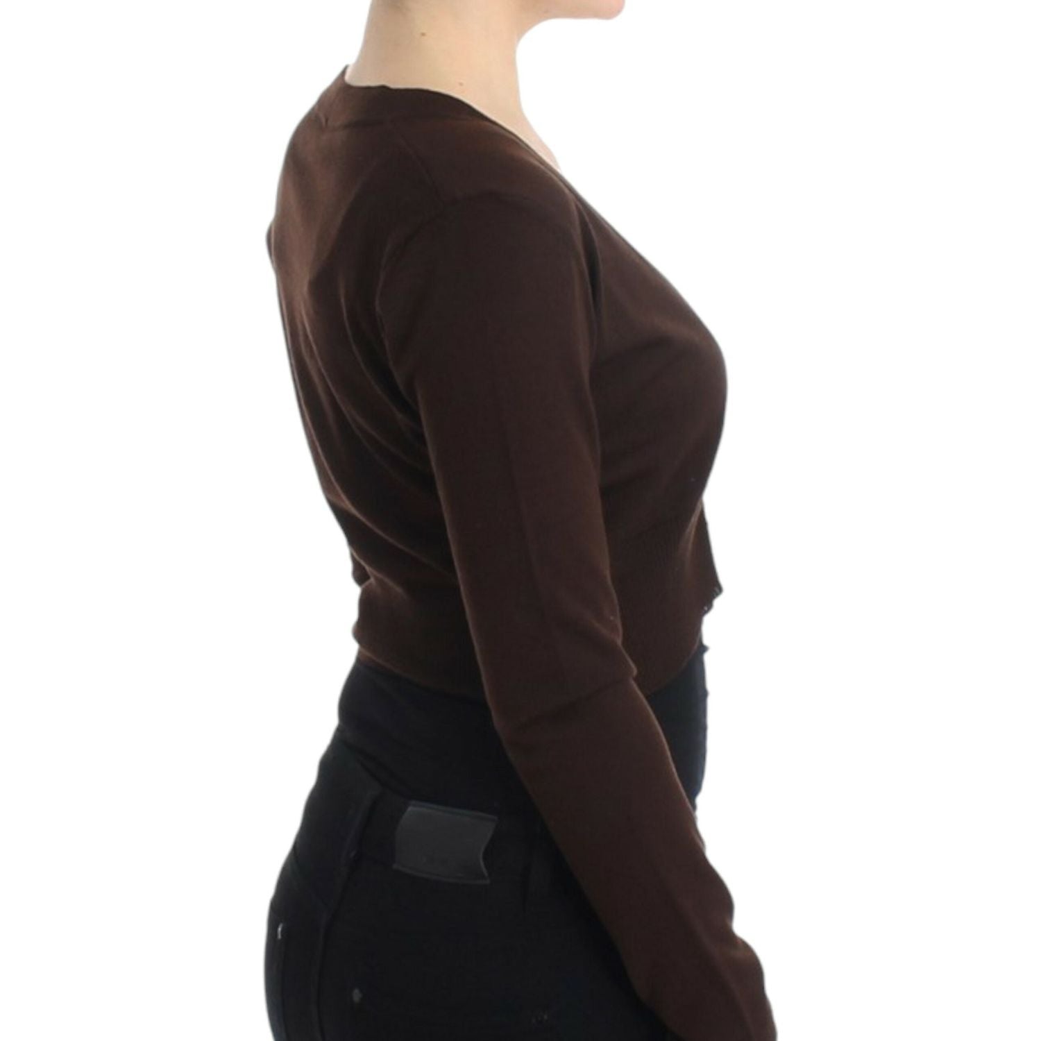 优雅棕色纯羊毛短款开衫