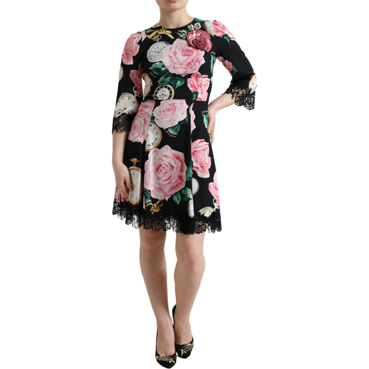 Dolce & Gabbana Black Floral Embellished Lace A-line Dress
