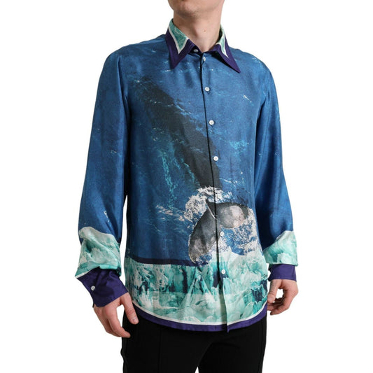 Dolce & Gabbana Blue Ocean Print Silk Collared Button Down Shirt