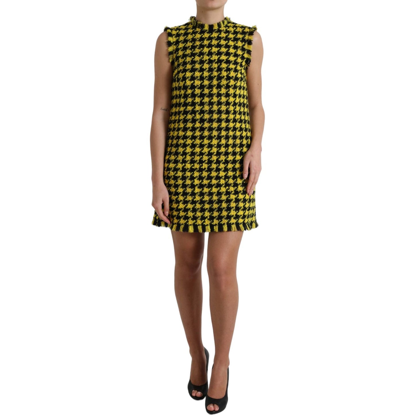 Dolce & Gabbana Yellow Houndstooth Sleeveless Aline Mini Dress