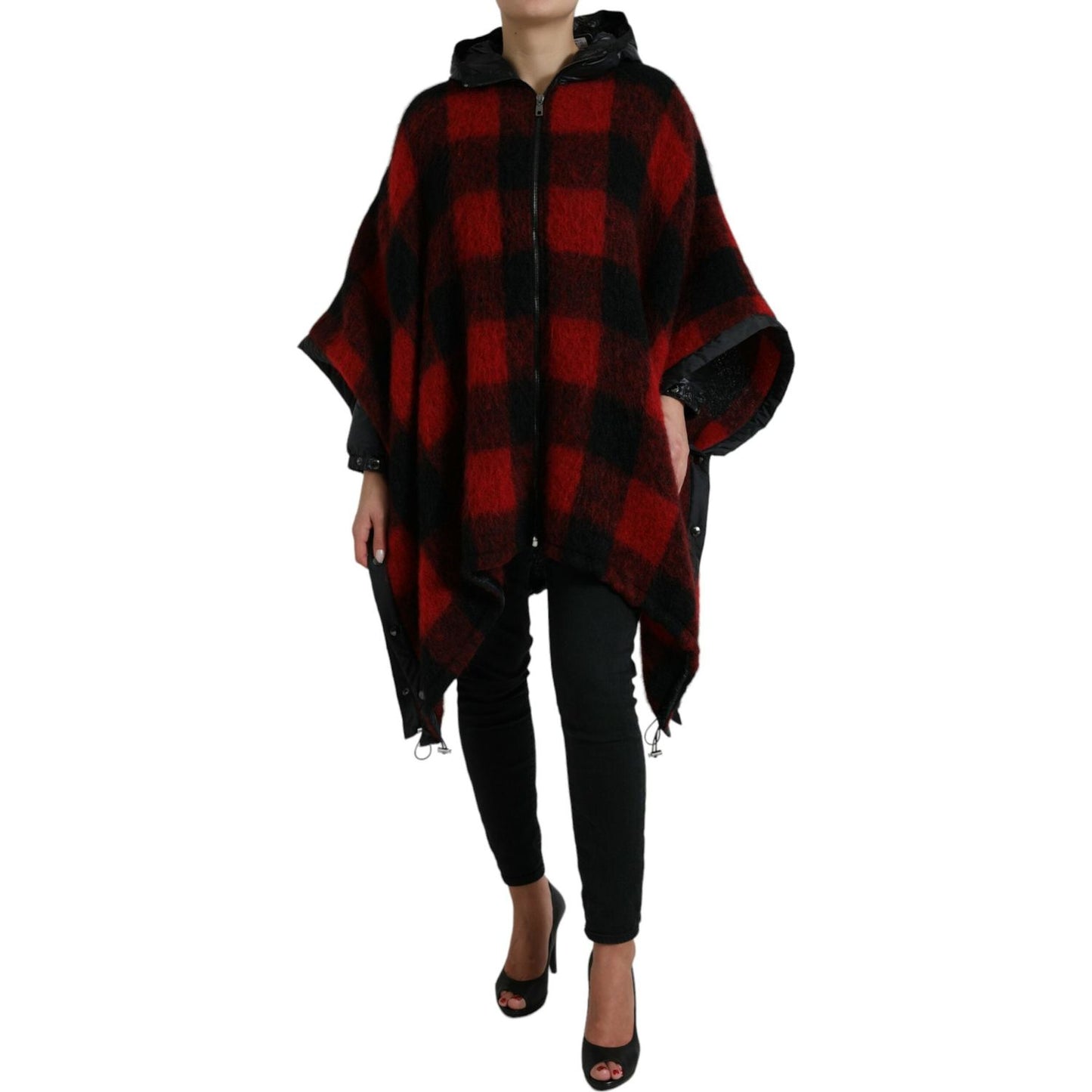 Dolce & Gabbana Black Red Buffalo Check Hooded Poncho Jacket