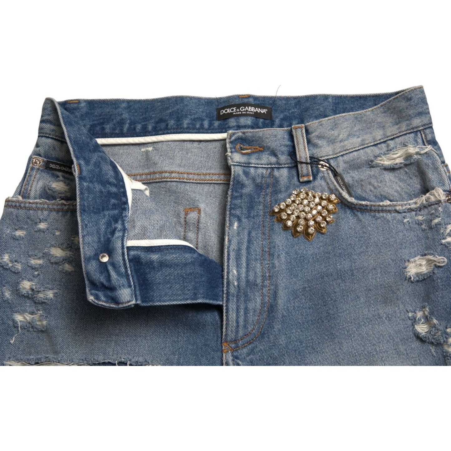 Dolce & Gabbana Blue Tattered Embellished Bermuda Shorts