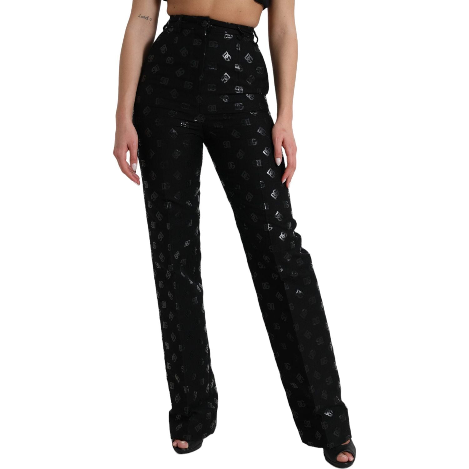 Dolce & Gabbana Black Wool DG Logo High Waist Straight Pants
