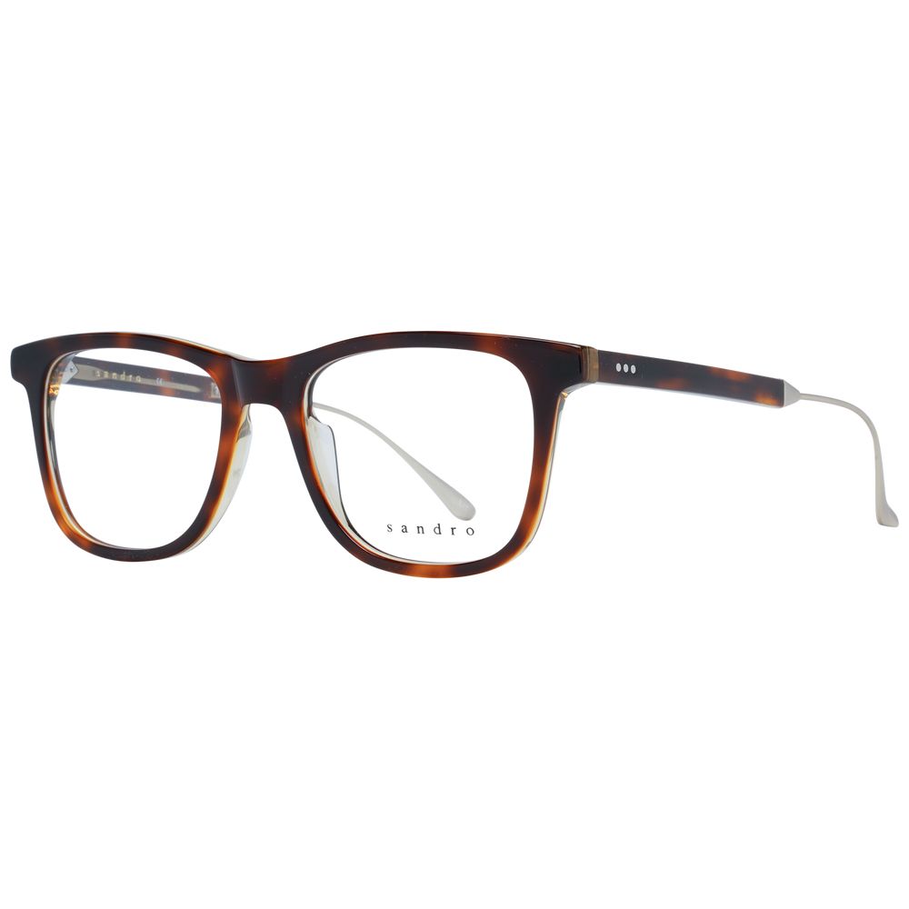 Sandro Brown Men Glasses Frame in acetate, full-rim trapezium style with demo plastic lenses, size 50-18-145, includes branded case.
