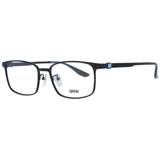 BMW Black Men Glasses Frame in full-rim titanium, rectangle style, 56-18-145 size, demo lenses, includes branded case.