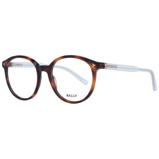Bally Brown Women Glasses Frame in full-rim plastic, round style with demo lenses, size 52-18-140, includes branded case.