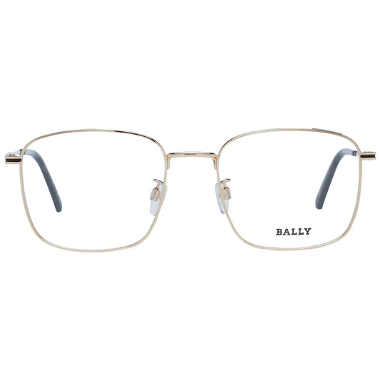Bally Gold Men Glasses Frame with full-rim metal design, square style, demo lenses, size 54-19-145, and branded case included.