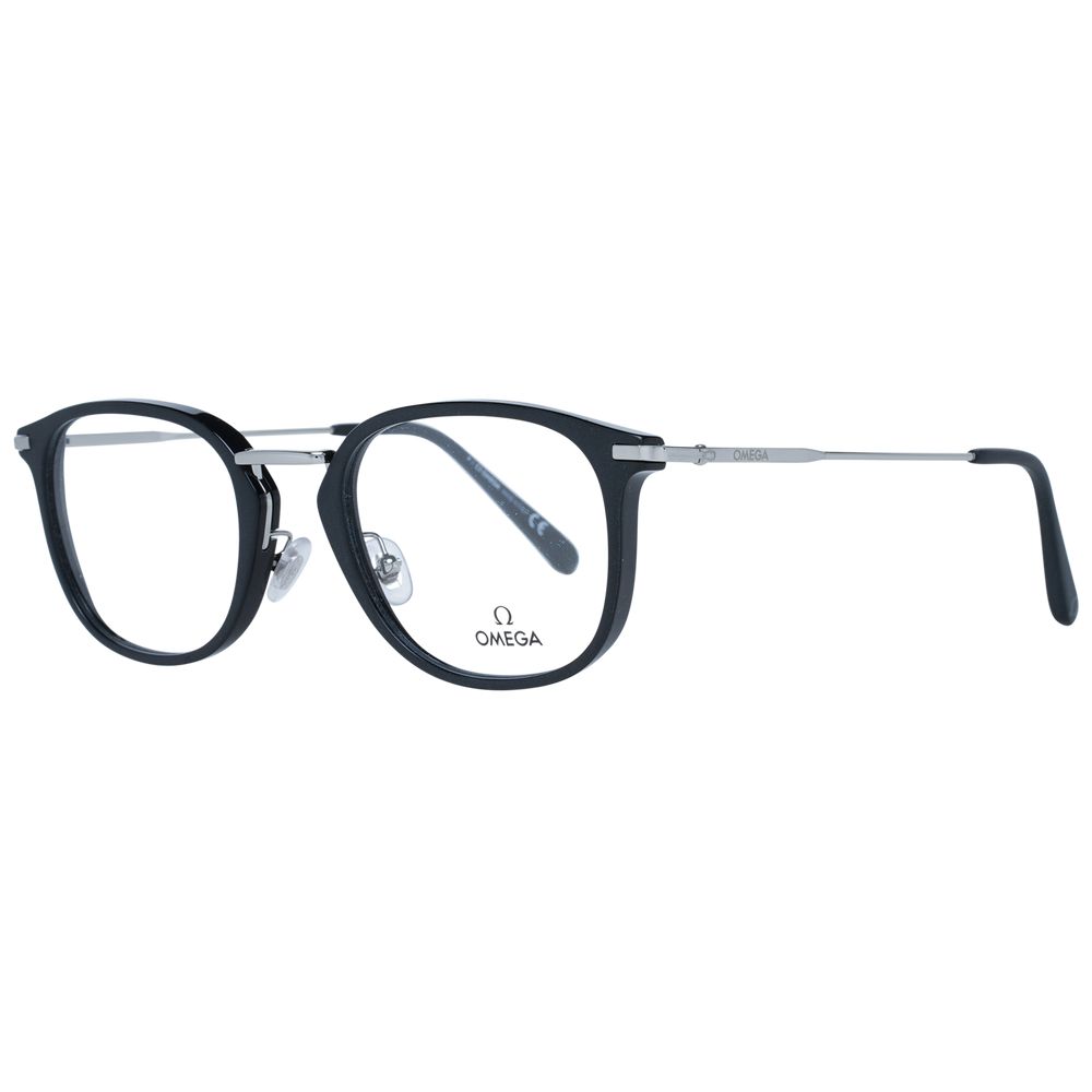 Omega Black Men Glasses Frame, full-rim style with metal and plastic material, demo lenses, and branded case included.