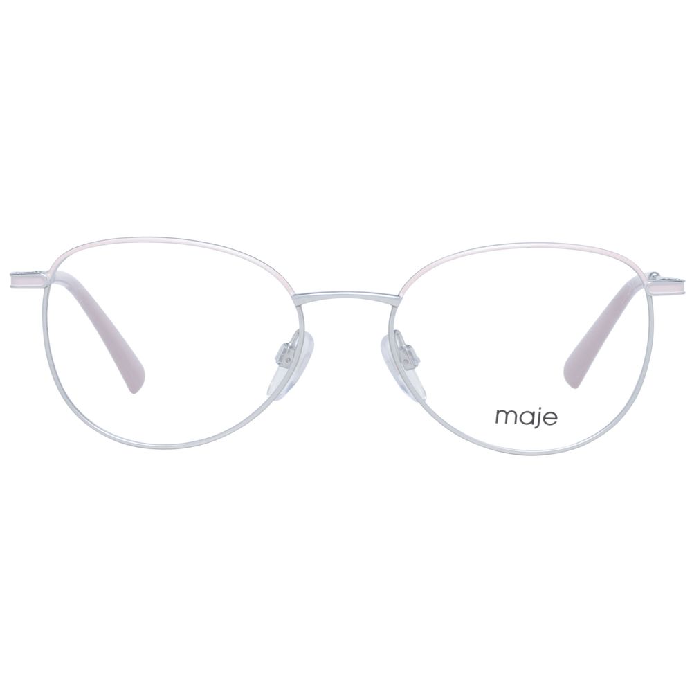 Maje Silver Women Glasses Frame, oval full-rim design with metal frame and demo lenses, includes branded case. Size 50-17-135.
