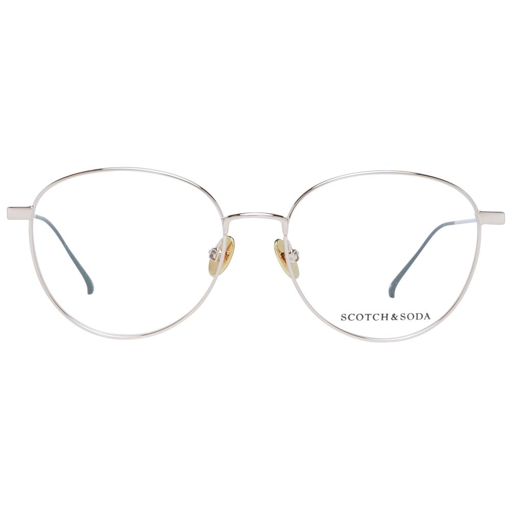 Scotch & Soda Gold Women Glasses Frame, full-rim round style, metal gold frame, plastic demo lenses, size 52-16-135, eyewear for women.