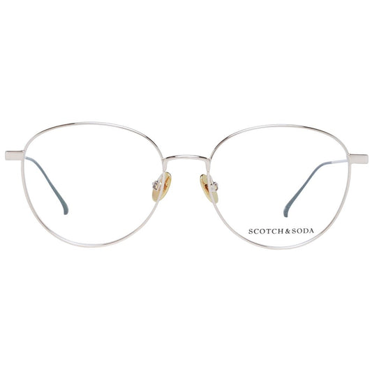 Scotch & Soda Gold Women Glasses Frame, full-rim round style, metal gold frame, plastic demo lenses, size 52-16-135, eyewear for women.