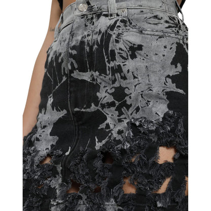 Dolce & Gabbana Black Gray Lace Cotton High Waist Denim Mini Skirt