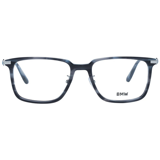BMW Gray Men Glasses Frame with full-rim plastic design and demo lenses in rectangle style, includes branded case.