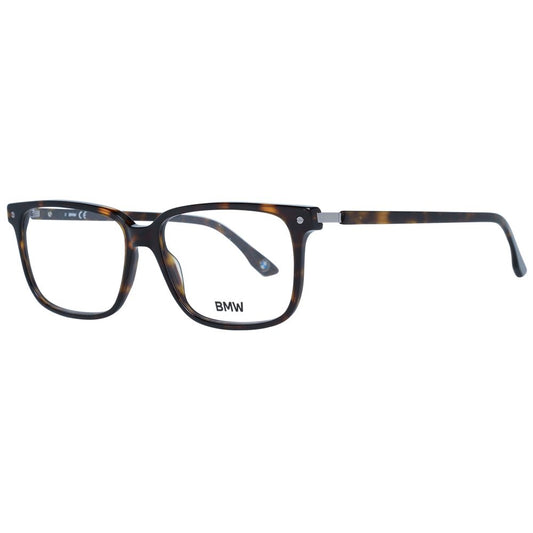 BMW Brown Men Glasses Frame in plastic full-rim rectangle style with demo lenses, size 56-15-145 for men.