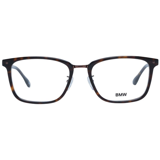 BMW Brown Men Glasses Frame, full-rim rectangle style, brown plastic with demo lenses, size 55-19-145, includes branded case