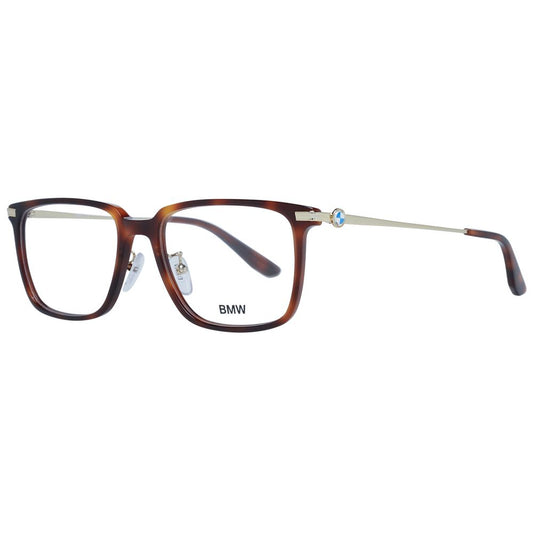 BMW Brown Men Glasses Frame, full-rim trapezium style with plastic material, demo lenses, and branded case included.