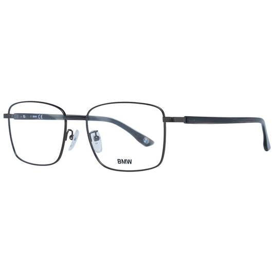 BMW Gray Men Glasses Frame in gunmetal with full-rim rectangle style and branded case, metal frame, demo lenses, size 56-18-145.